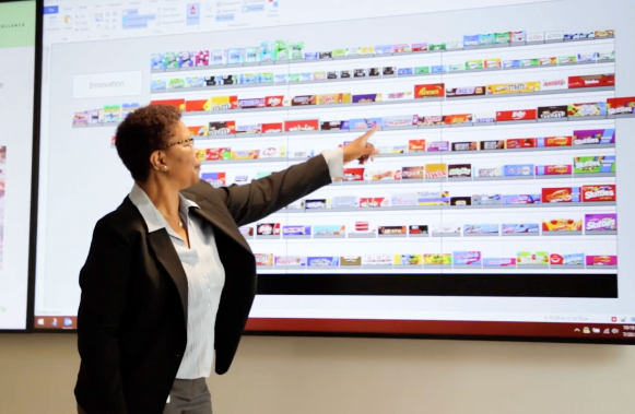 Woman pointing at Display